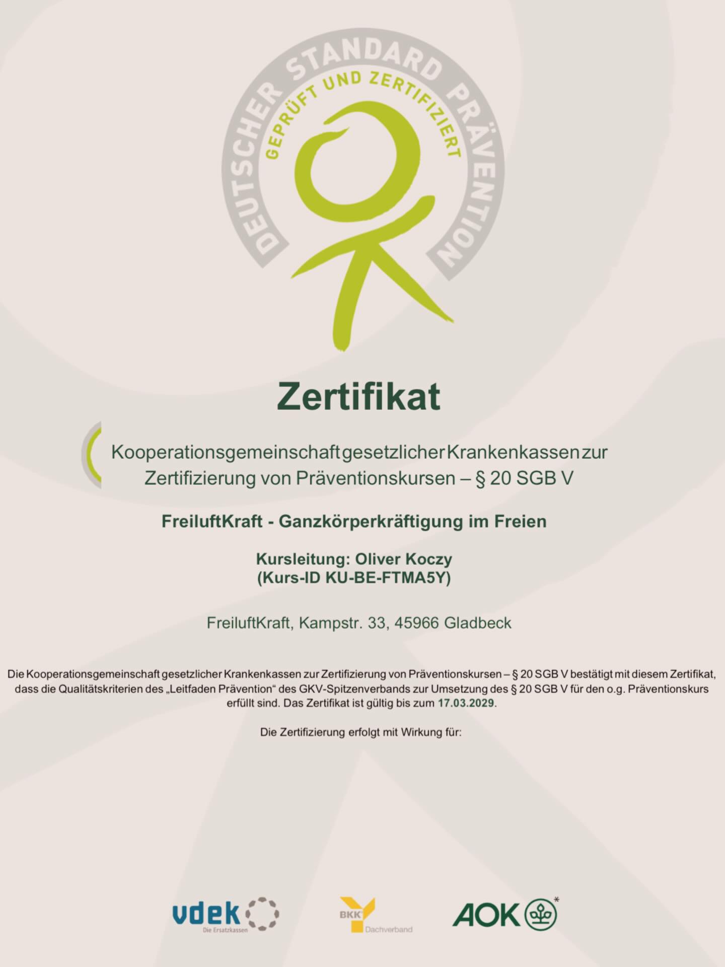 Offizielles Zertifikat Deutscher Standard Prävention